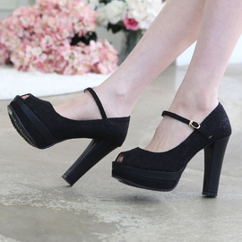[GIRLS GOOB] Women's Pump Toe open Chunky Heels, Wedding Party Shoes 11cm, Synthetic Leather + Fabric - Made in Korea